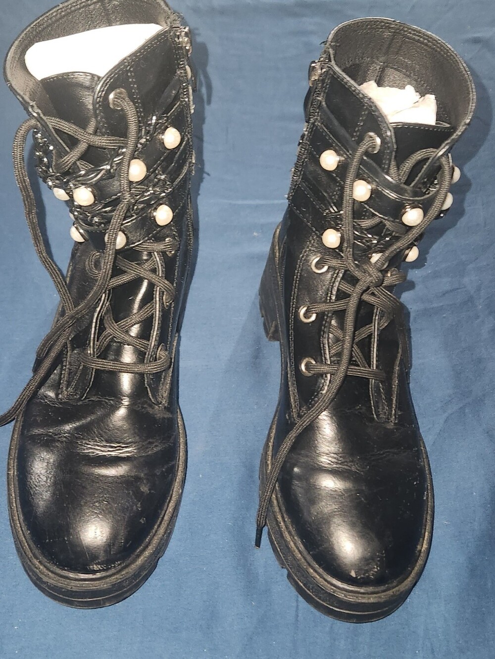 Women's Pearl-Accent Lace-Up Black Combat Boots Size 8 - 8.5 US, SIZE 250 Intl